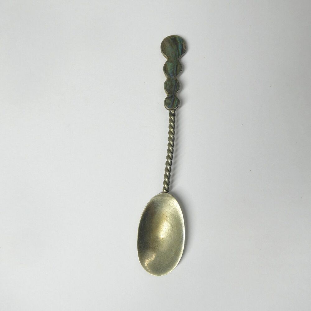 Silver Demitasse Spoon w/Mother of Pearl Inlaid Handle Vintage Alpaca Mexico
